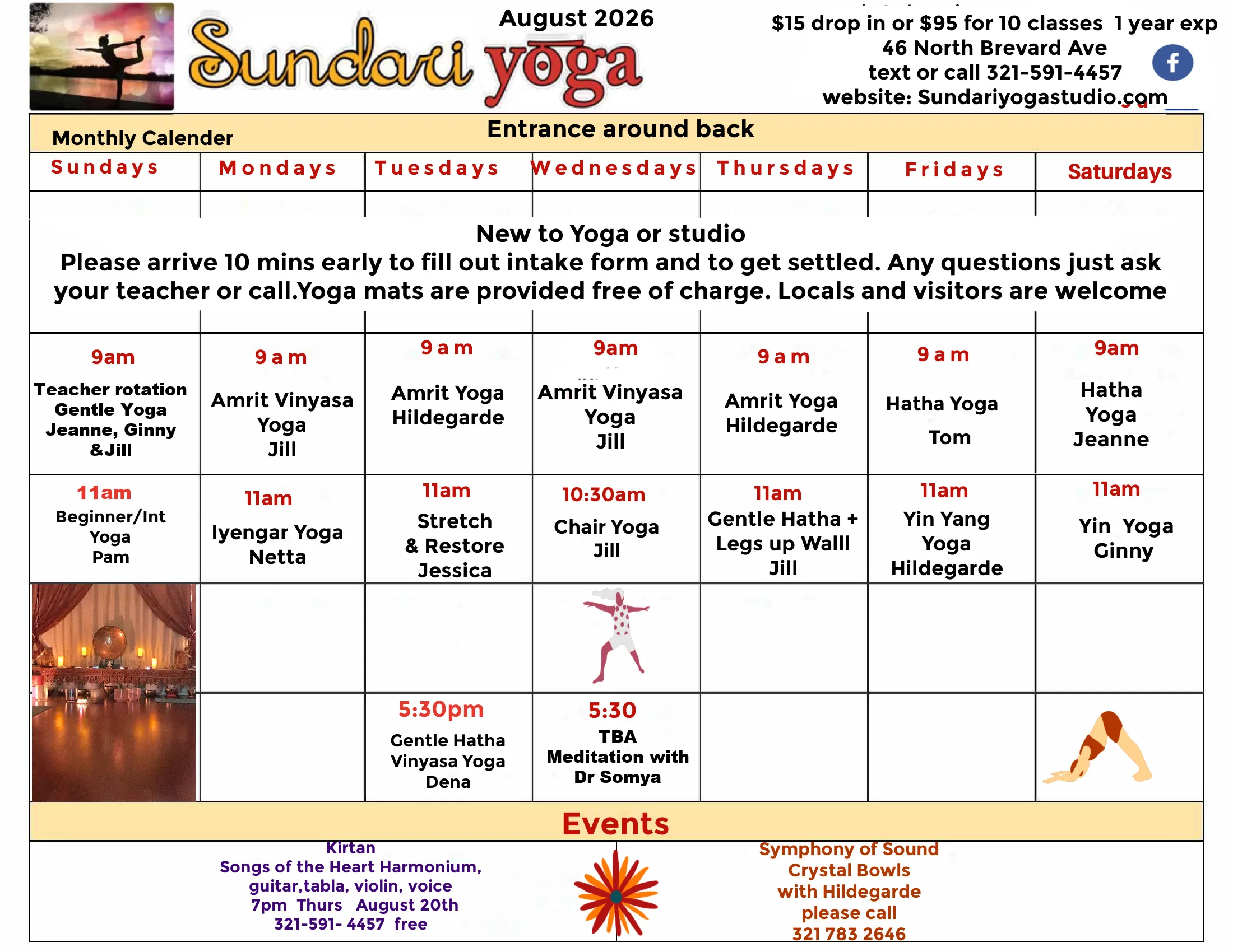 Sundari Yoga Studio August 2026 calendar