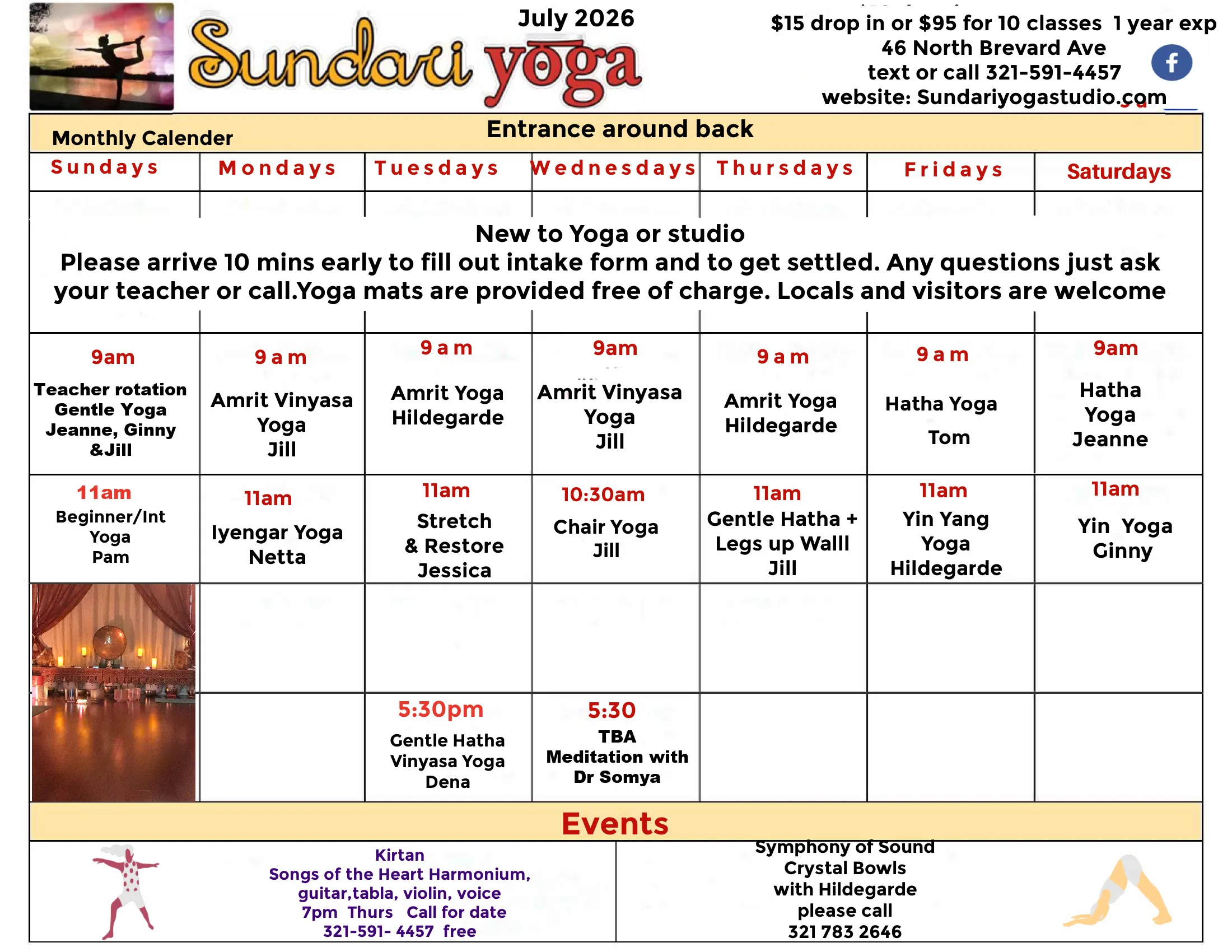 Sundari Yoga Studio July 2026 calendar