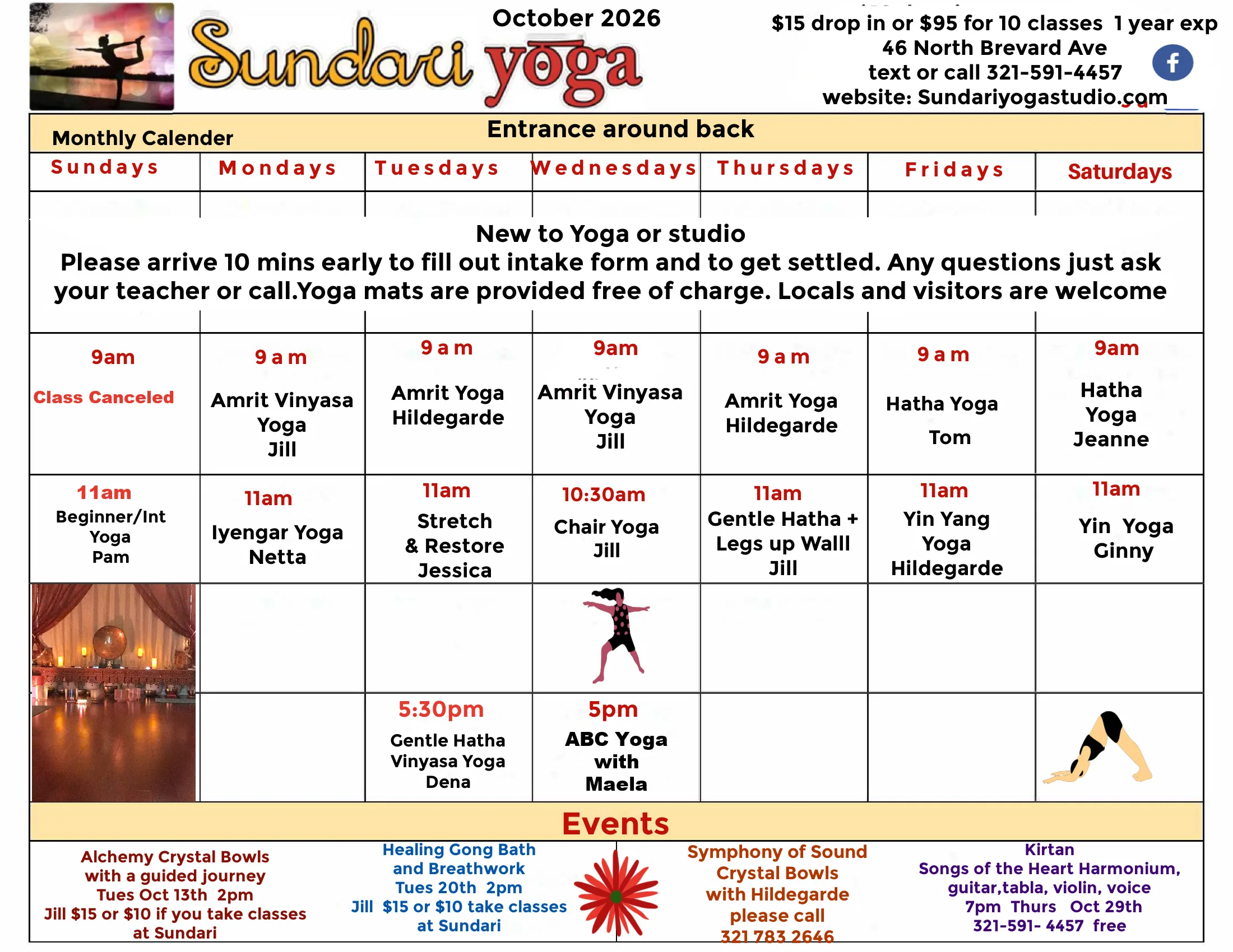 Sundari Yoga Studio October 2026 calendar