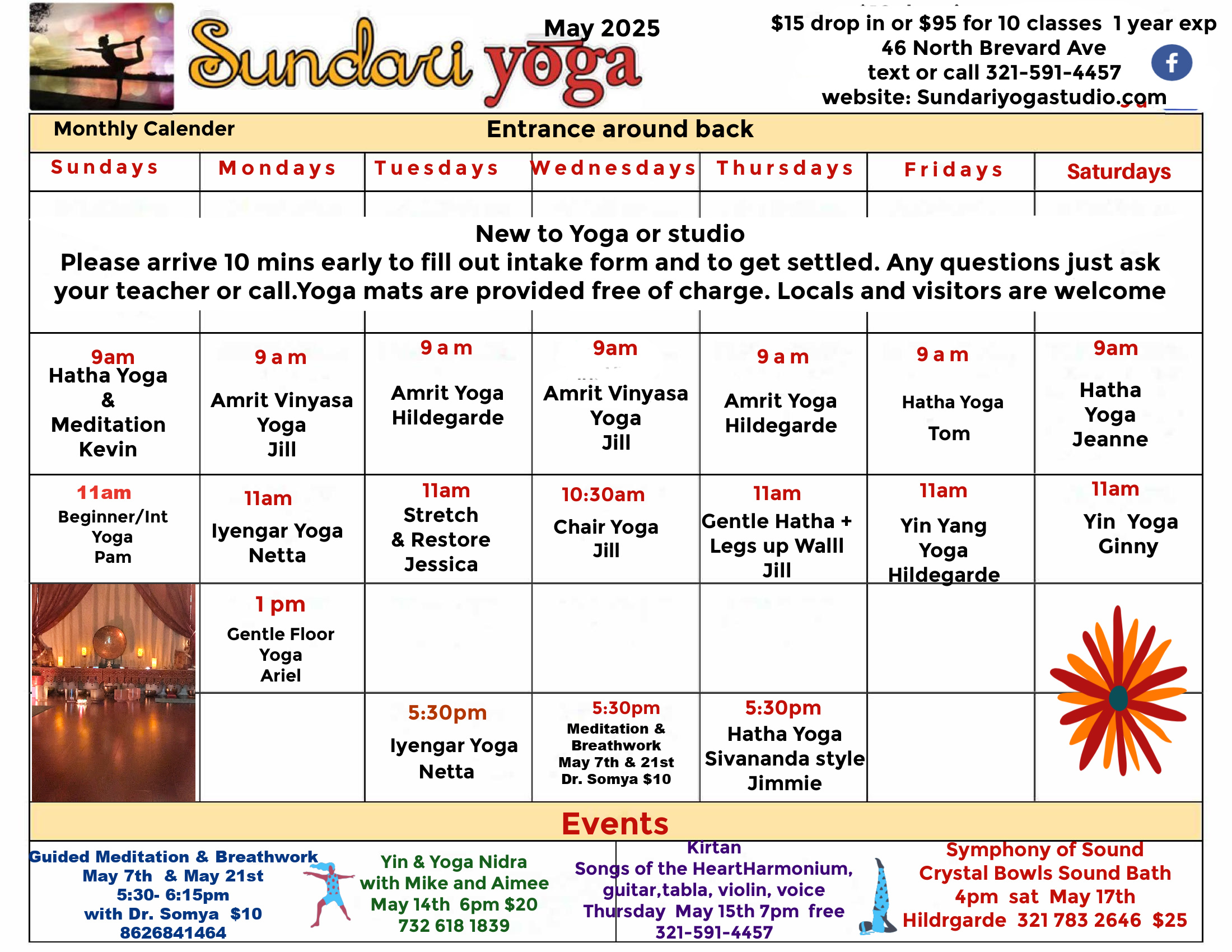 Sundari Yoga Studio monthly class calendar